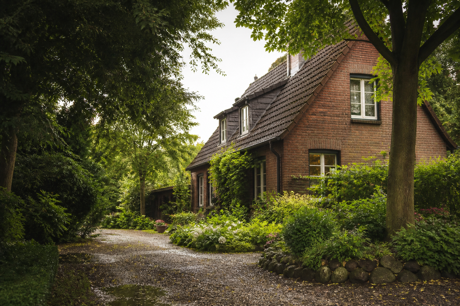 Generische KI-Illustration eines Wohnhauses mit Garten, ohne Freiburger Ortsbezug